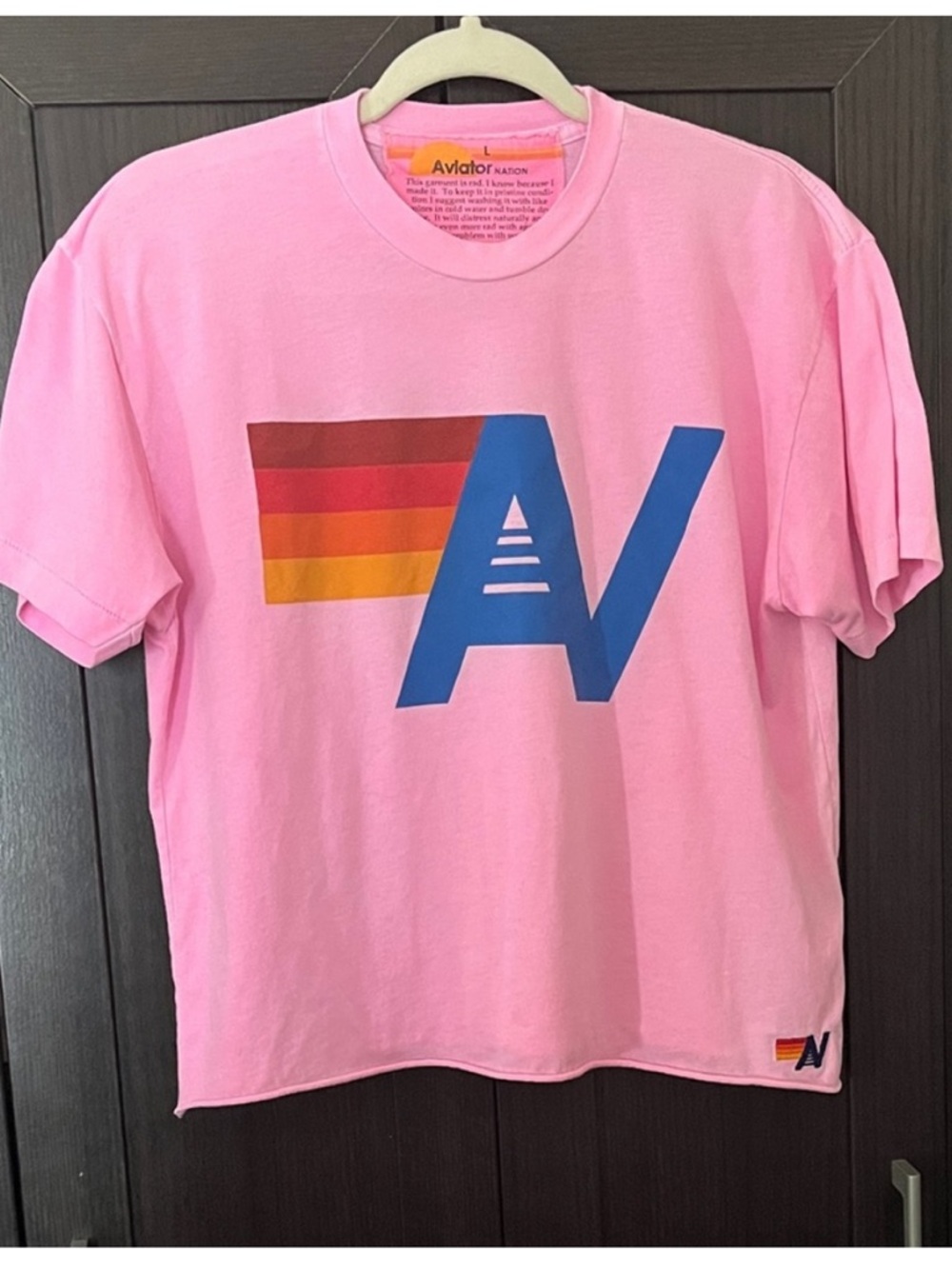 Aviator Nation Pink Boyfriend Tee with Blue AV Logo and Sunset Stripe (Large) 🩷💙